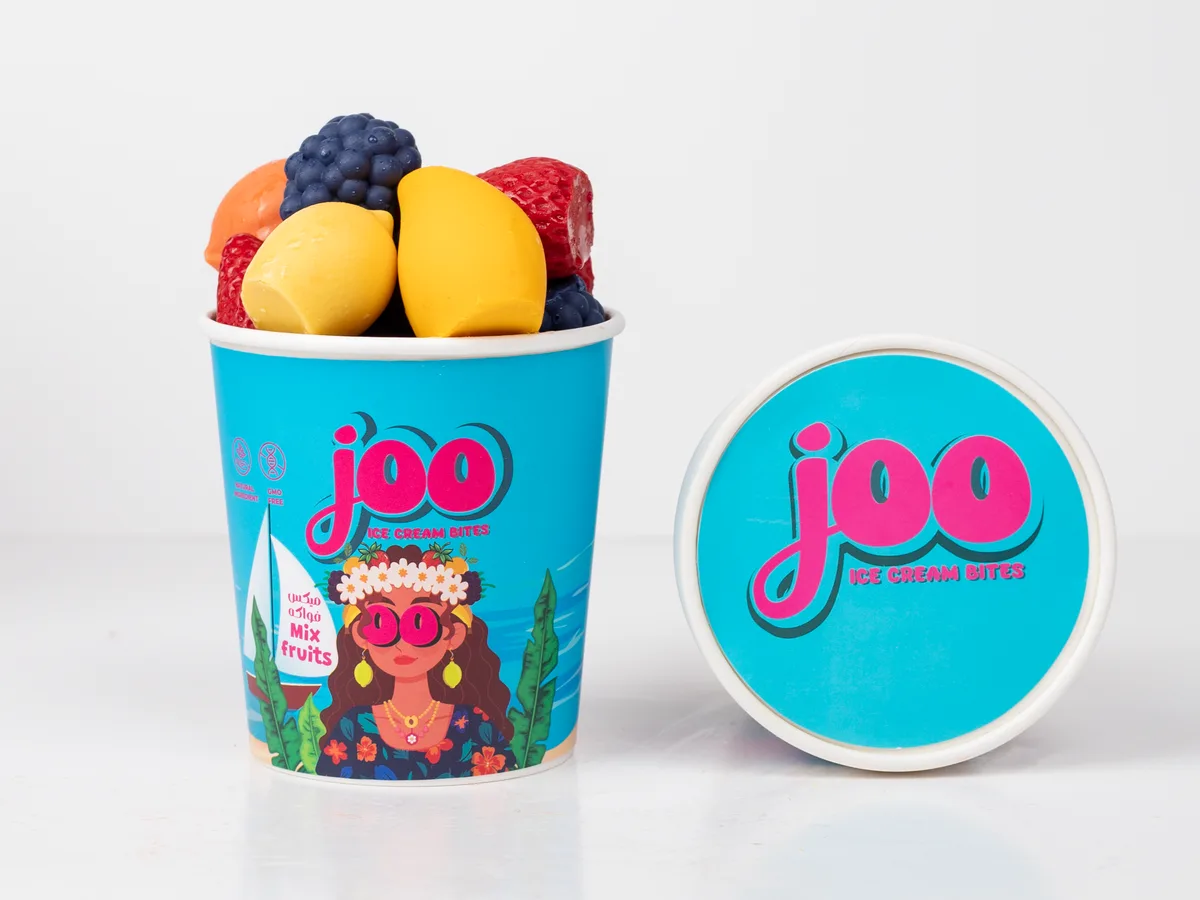 A cup of Joo mixed fruit ice cream bites