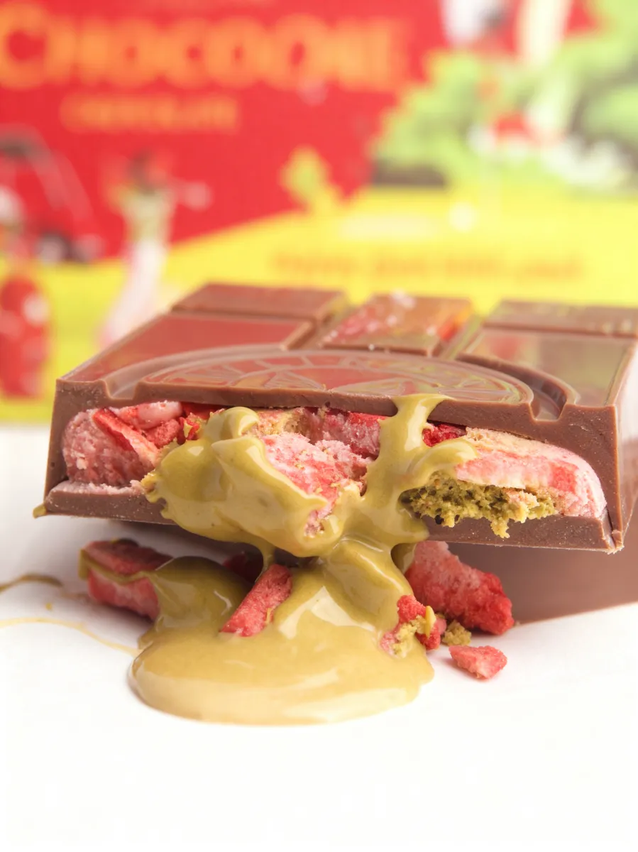 A Vlinder bar with crispy kunafa and pistachio filling